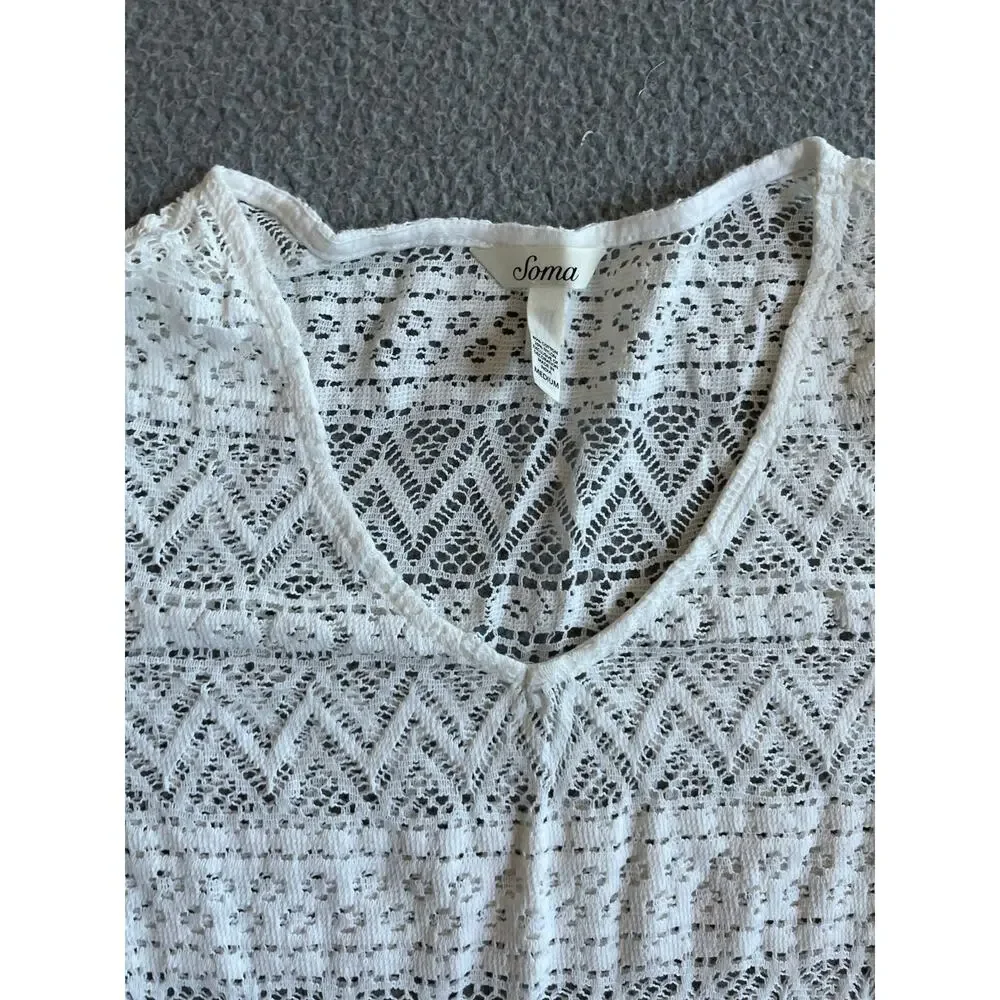 Soma Coverup Mini Dress Medium Crochet Open Knit Sheer Long Sleeve White Beach - Picture 2 of 14